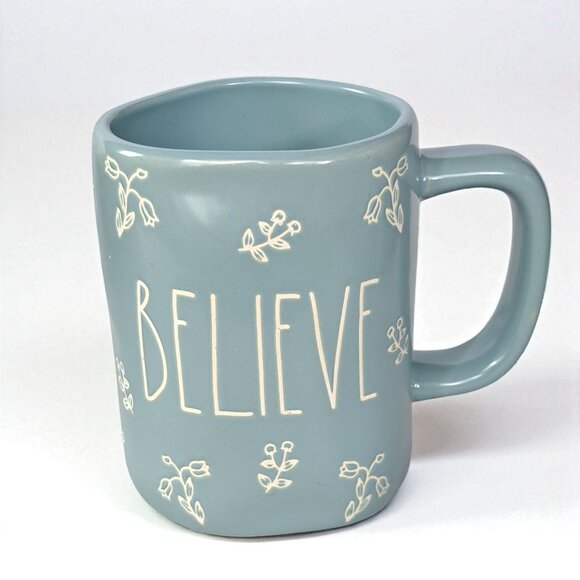 RAE DUNN BELIEVE Blue Mug Flowers Floral Design Full Wrap 18 oz. - Picture 1 of 14